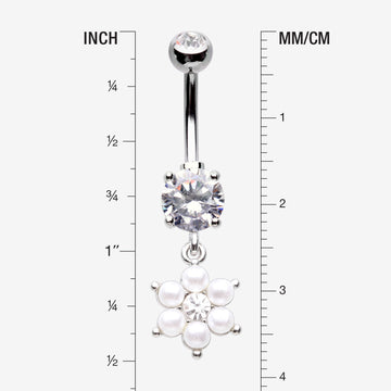 Detail View 1 of Pearlescent Spring Flower Sparkle Dangle Belly Button Ring-Clear Gem/White